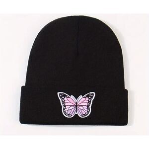 New!  Black Pink and Purple Butterfly Beanie Stocking Cap Hat